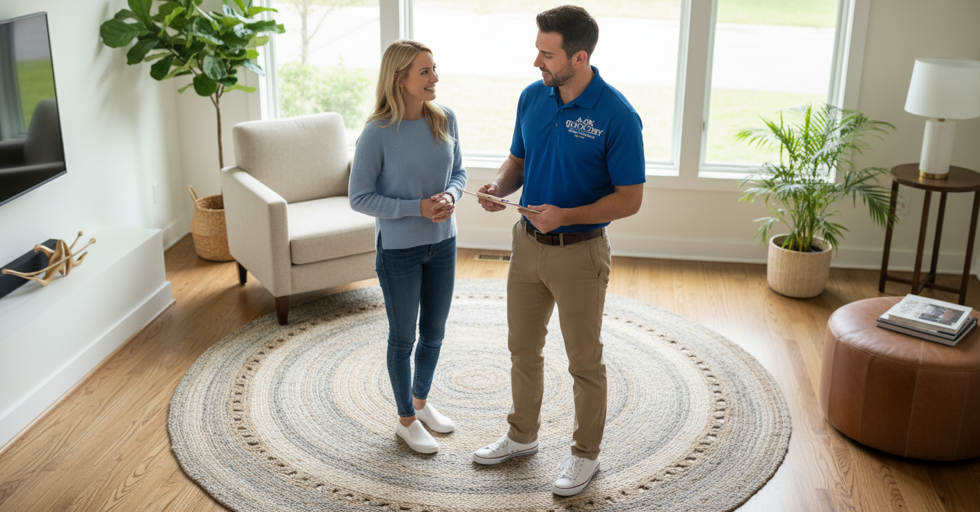 Technician cleaning an area rug inside a home in Elgin, IL