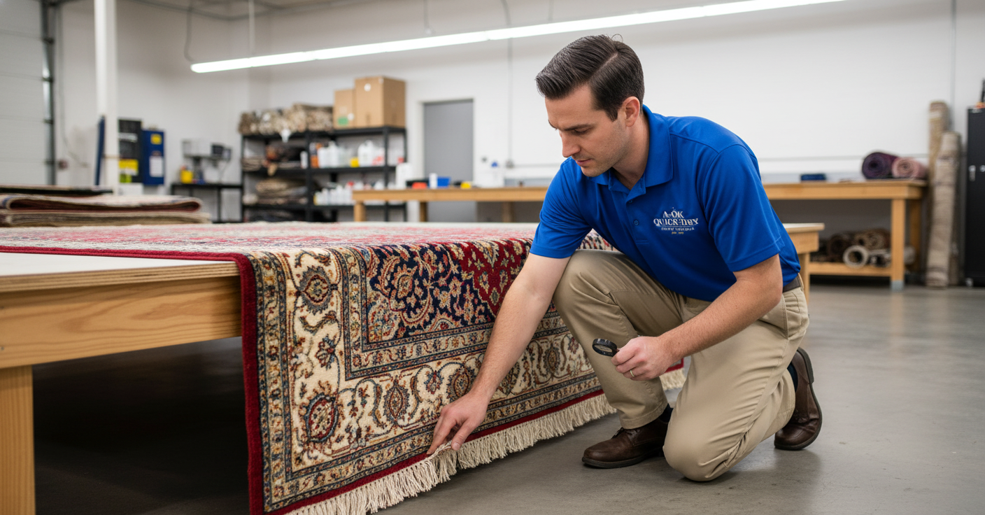 Technician cleaning an area rug in a living room in Elgin, IL