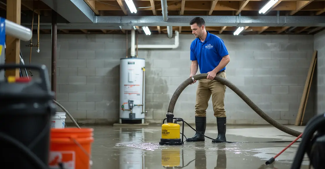 Technician extracting standing water from a flooded basement in a northern Illinois home