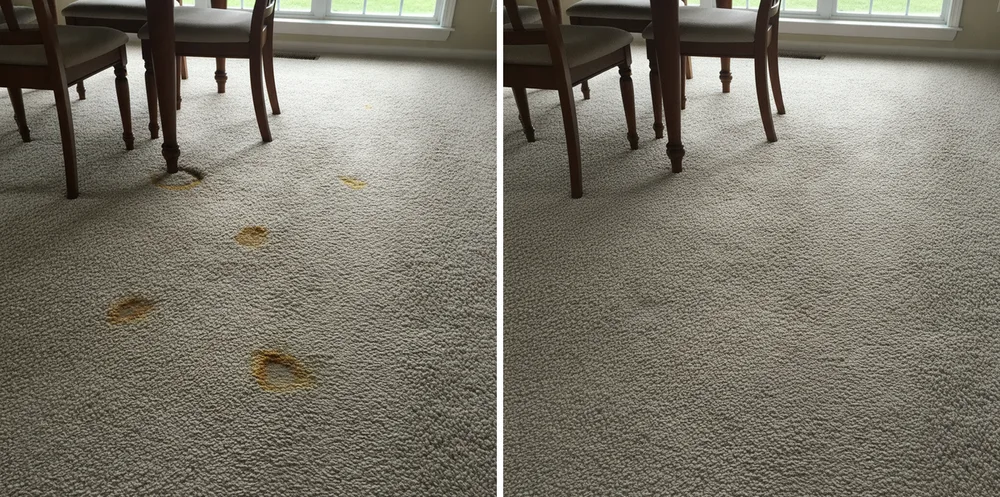 Dining room carpet with pet urine stains before and after cleaning — A OK Quick-Dry in Algonquin, IL