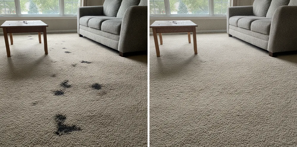 Heavily soiled family room carpet before and after cleaning — A OK Quick-Dry in Algonquin, IL