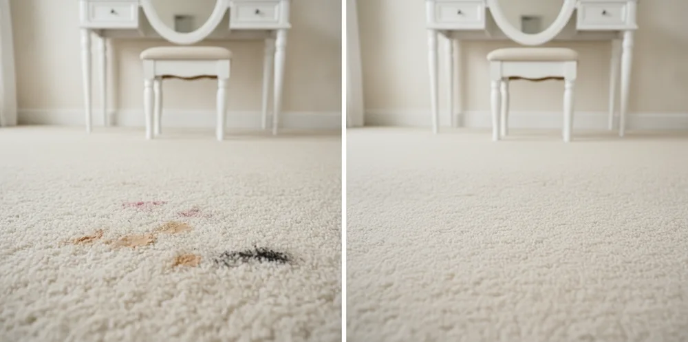 Ground-in makeup stains on bedroom carpet under a vanity before and after cleaning — A OK Quick-Dry in Algonquin, IL
