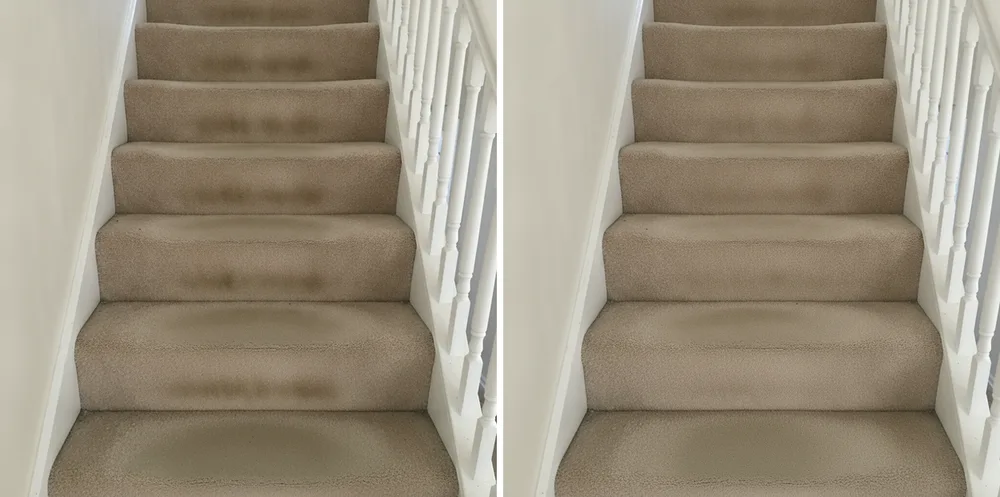 Dirty carpeted staircase before and after cleaning — A OK Quick-Dry in Algonquin, IL