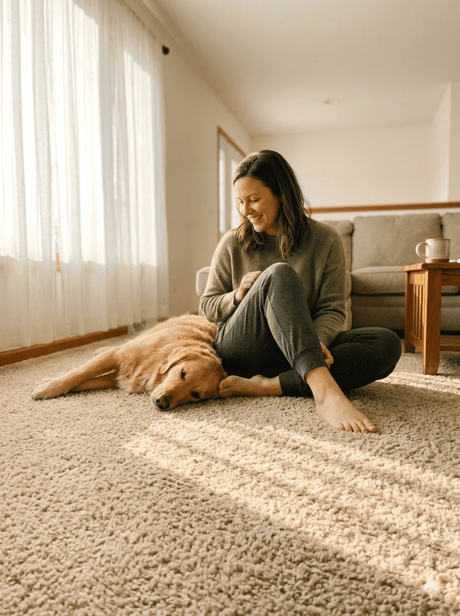 Woman relaxing barefoot on freshly cleaned carpet with her dog - AOK Quick Dry