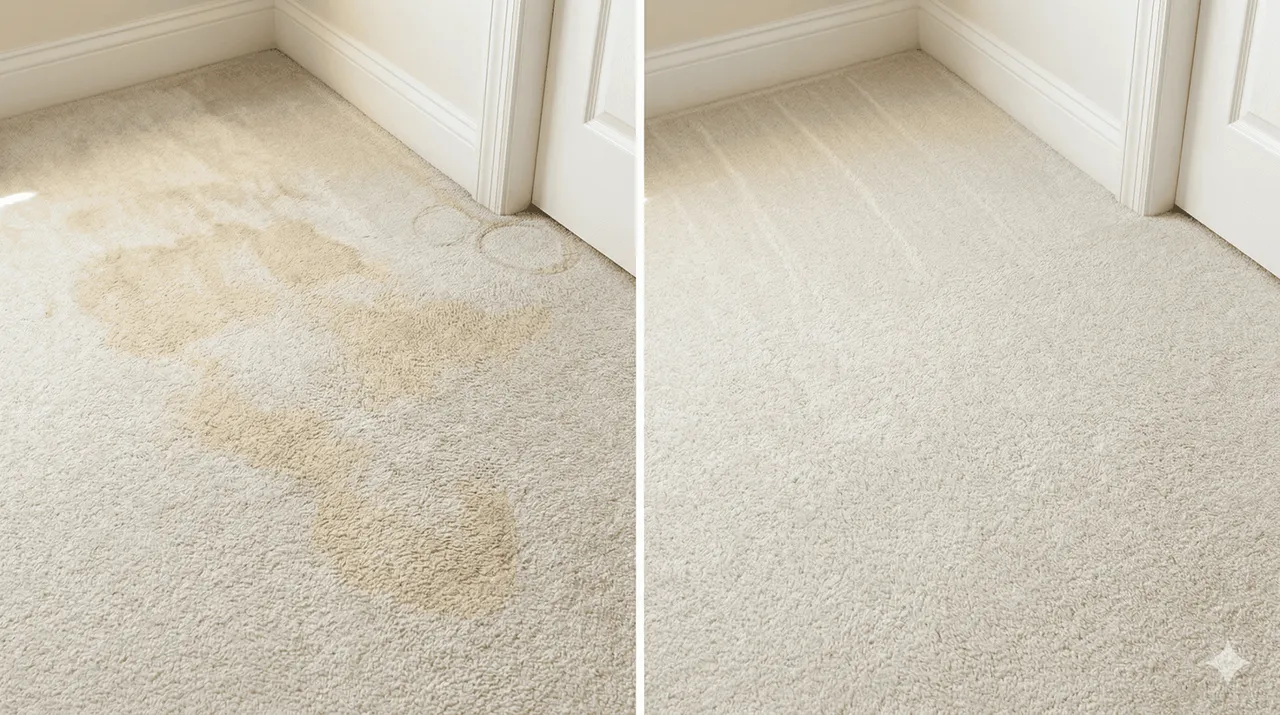 Before and after pet urine removal from carpet in a master bedroom showing yellow cat urine stains completely removed after professional treatment