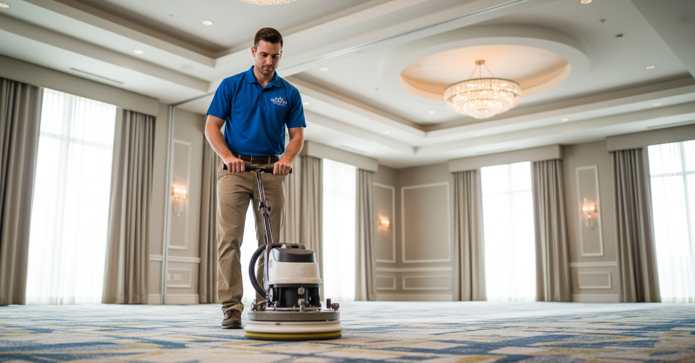 Commercial carpet cleaning technician cleaning a large hotel ballroom