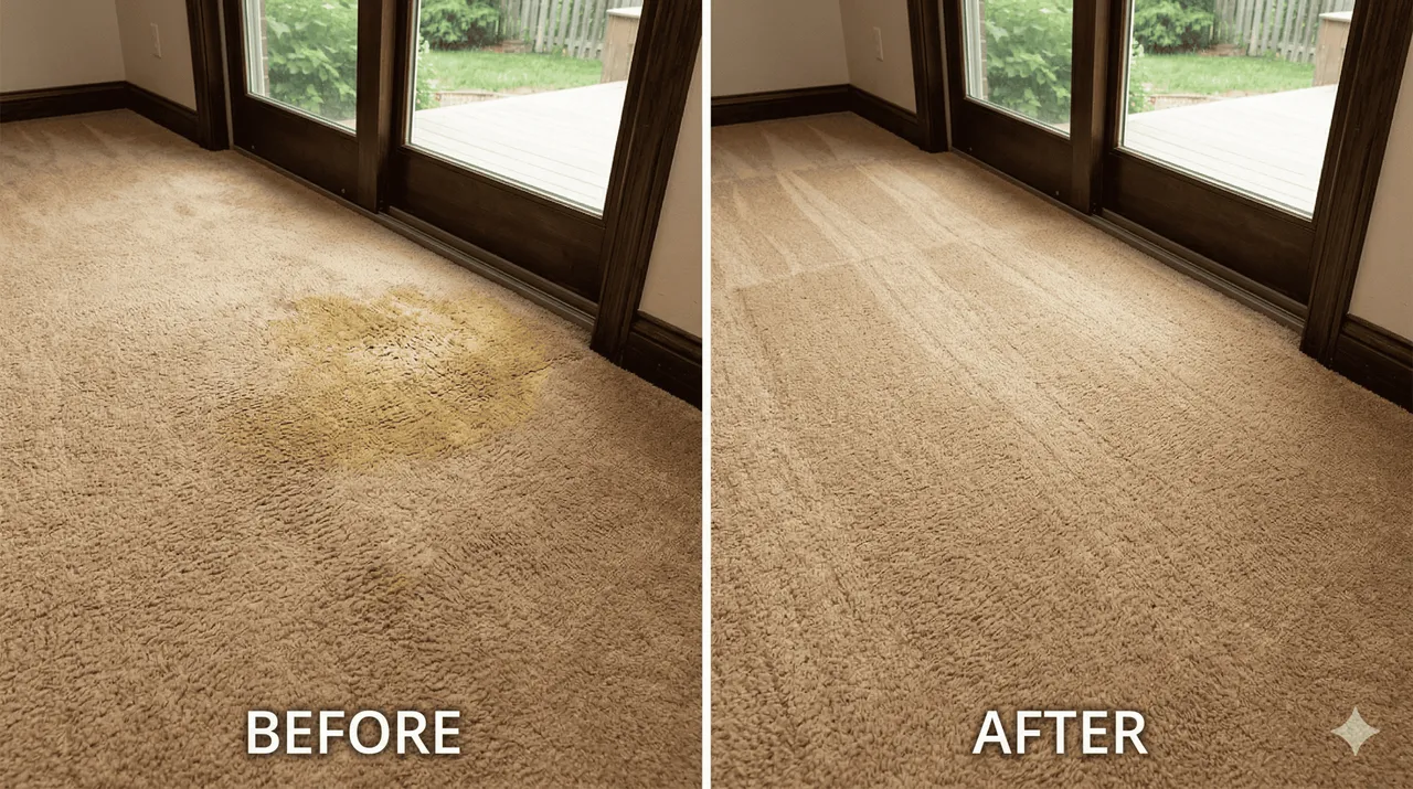 Before and after dog urine removal from living room carpet showing large stain near back door completely removed after professional treatment