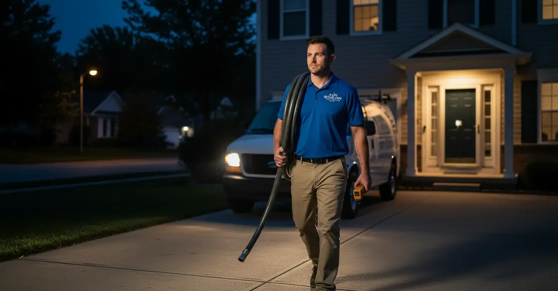 Technician performing emergency water removal in a flooded northern Illinois home