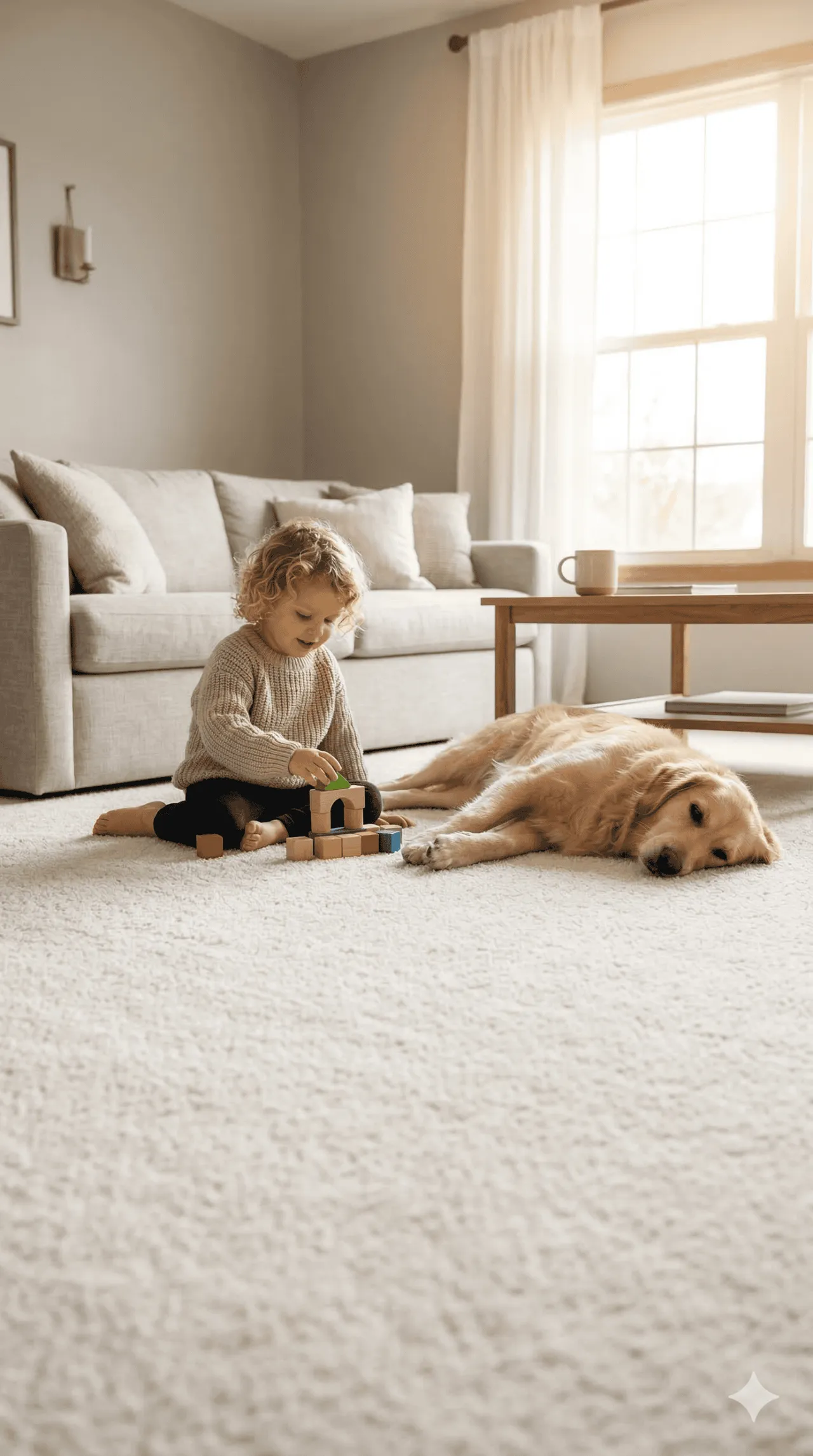 Freshly cleaned cream carpet in a family living room with a child and golden retriever relaxing on the floor — A OK Quick-Dry carpet cleaning