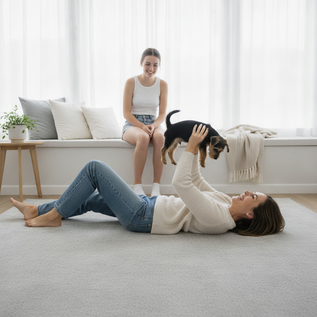 Mother and daughter relaxing happily on a freshly cleaned light-gray carpet with their small dog after AOK Quick-Dry pet urine and carpet cleaning service