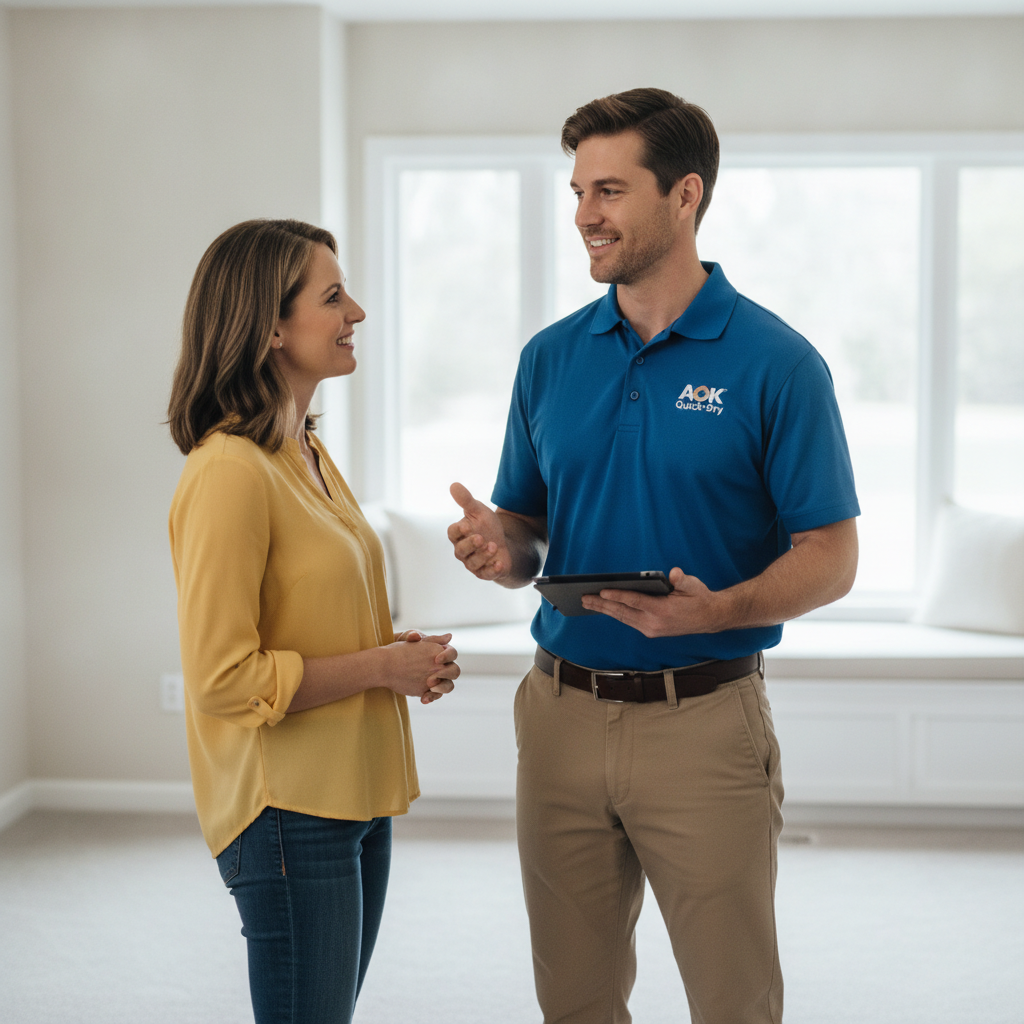 A OK Quick-Dry technician Marcus greeting a homeowner with a tablet for a free pet urine carpet cleaning quote