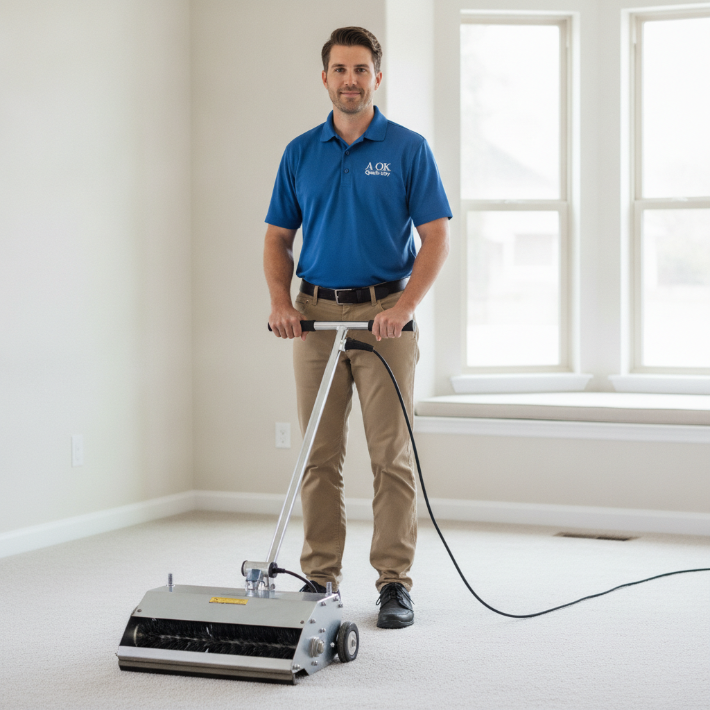 A OK Quick-Dry technician Marcus operating a low-profile counter-rotating brush carpet cleaning machine in a clean living room
