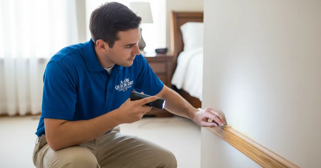 Technician applying mold prevention treatment to a water-damaged wall in a northern Illinois home