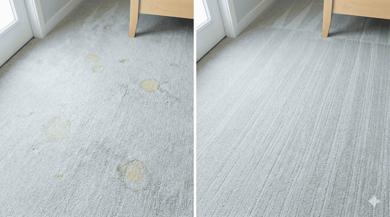 Before and after pet urine removal from bedroom carpet in a multi-cat household showing multiple stain areas completely removed after professional treatment