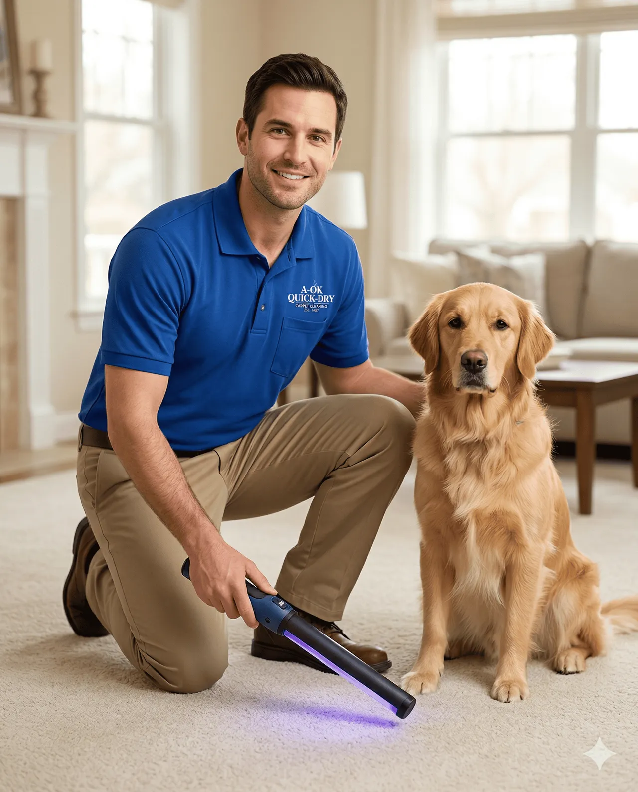 AOK Quick Dry technician using a UV blacklight to inspect carpet for pet urine in a suburban living room with a golden retriever sitting nearby