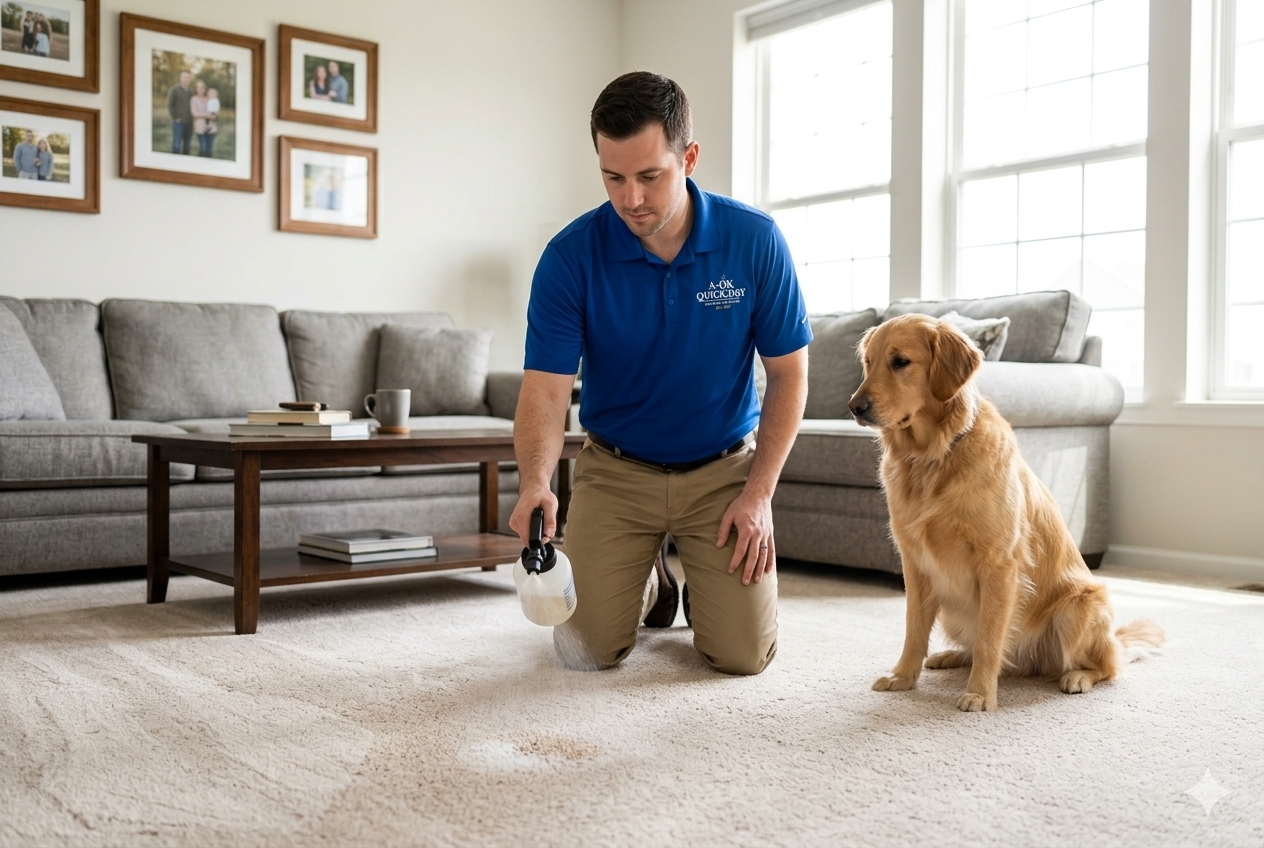 A OK Quick-Dry technician treating pet urine odor on carpet in a family home with a golden retriever nearby