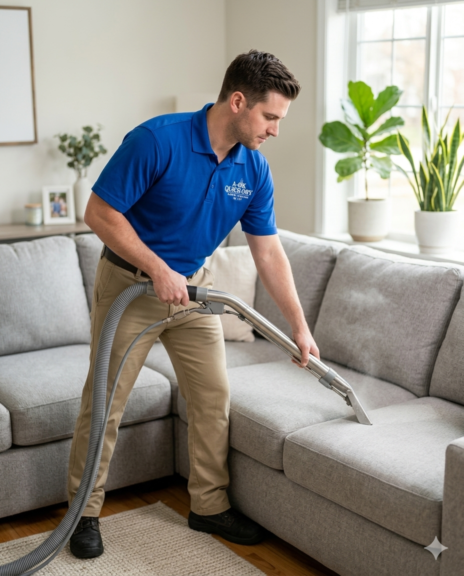 A OK Quick-Dry technician professionally cleaning an upholstered sofa in a family home